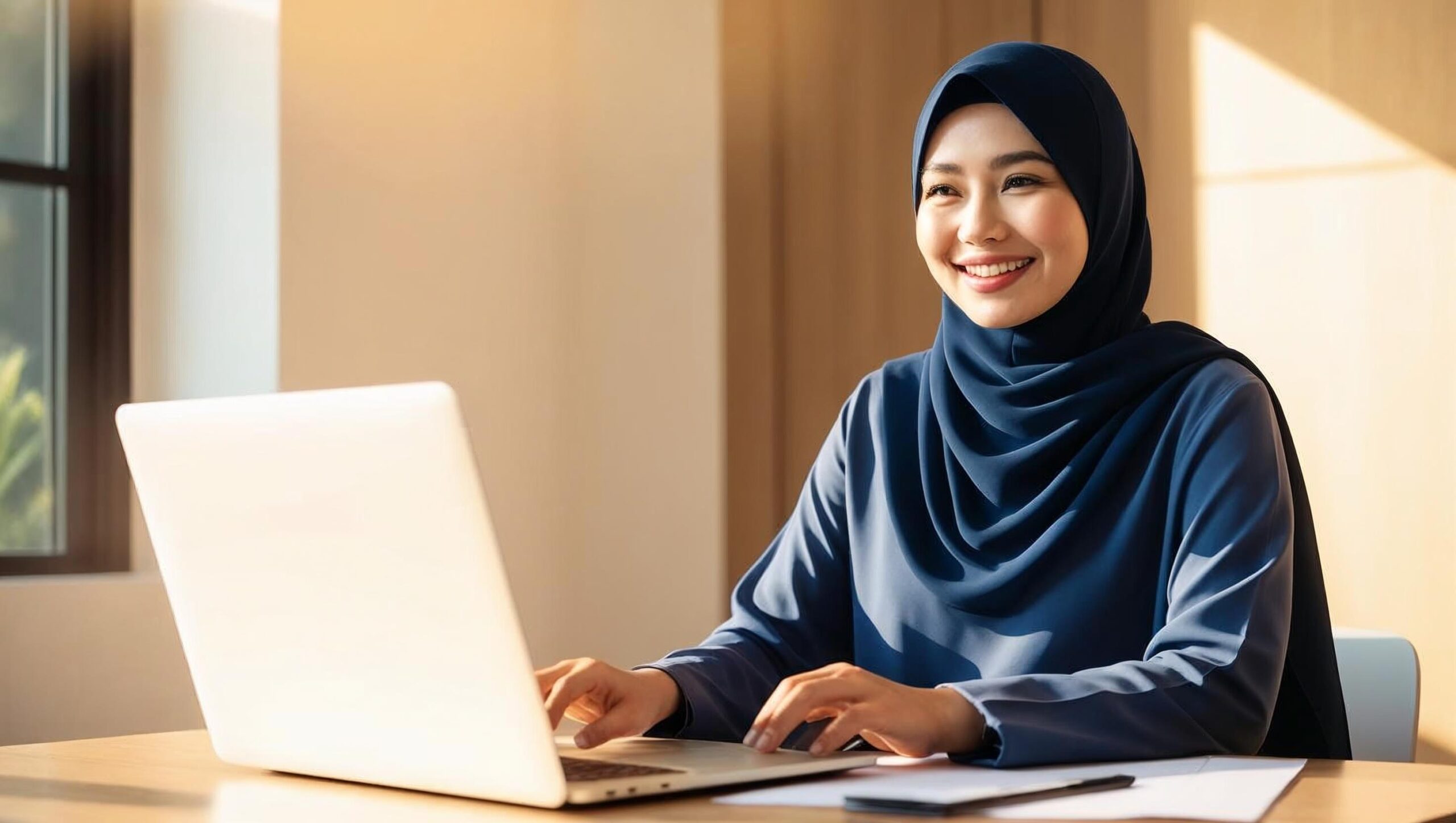 malay muslim women smile infront laptop